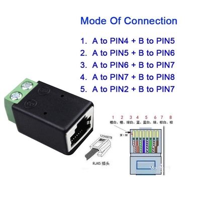 RJ45 شبكة الاتصال الإناث 8P8C إلى 2 دبوس RS485 مسدس محطة الكتل محول